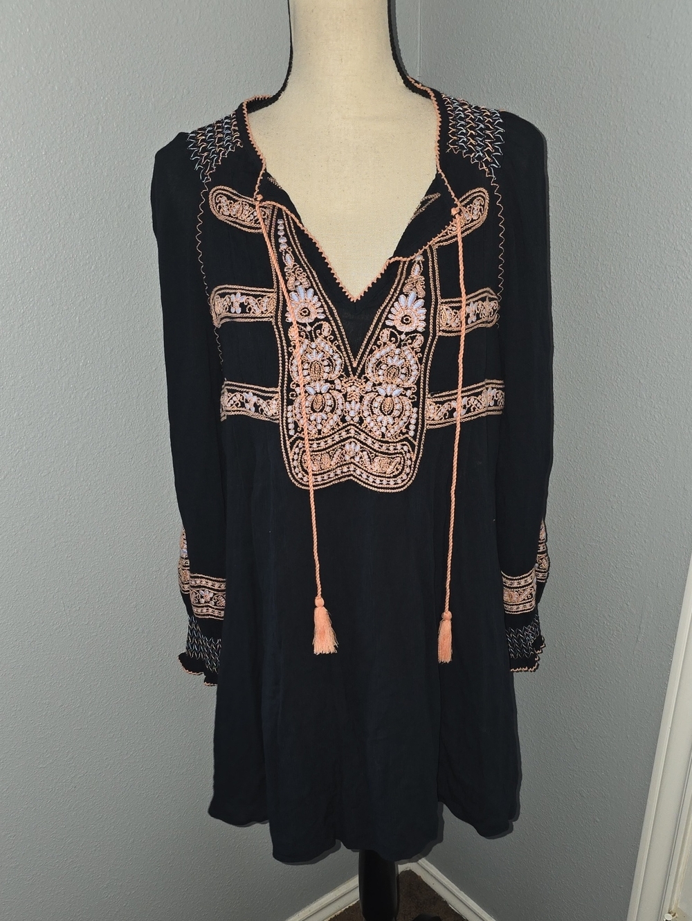 Free People Black Tunic Dress with Peach Embroidery